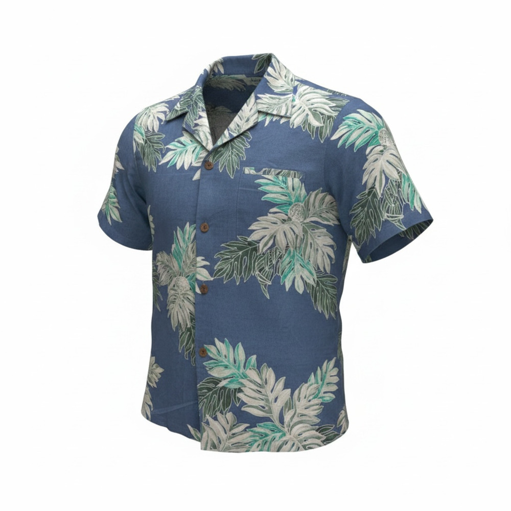 HRH Men's Blue Floral Aloha Shirt with Tropical Leaf Print